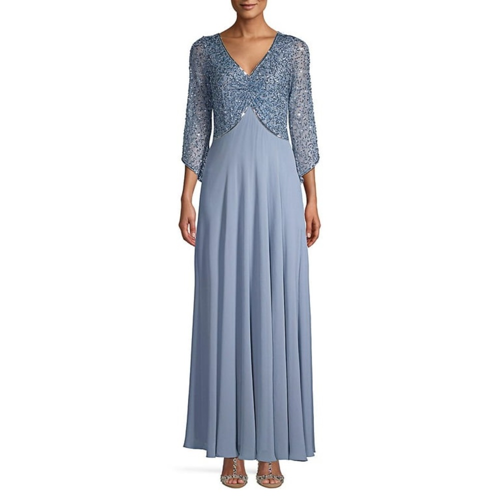 JKARA Sequined Embellished V-Neck Chiffon Maxi Gown – Slate Blue